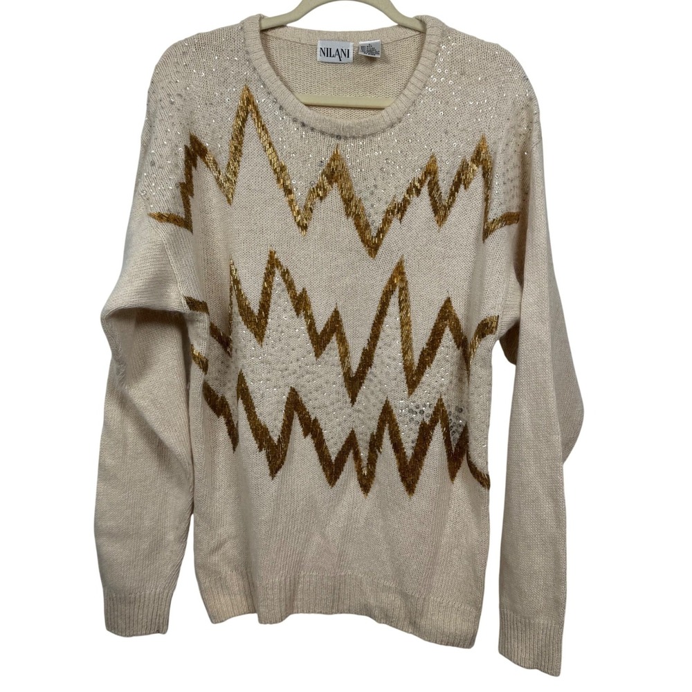VTG 90s NILANI Women L Ivory Silk Blend Sweater Gold Bead Sequin Retro Rock Glam